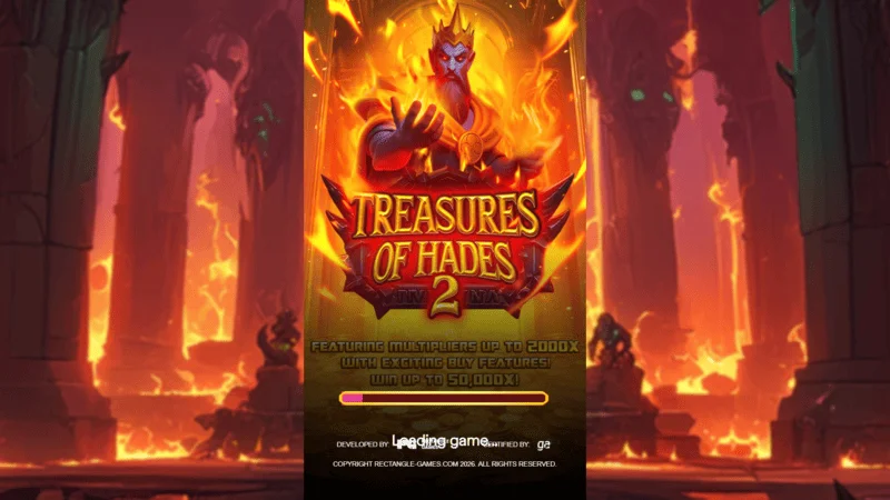 Treasures of Hades 2 — Rectangle Games sloto įkrovimo ekranas mitologiniame požeminio pasaulio kontekste