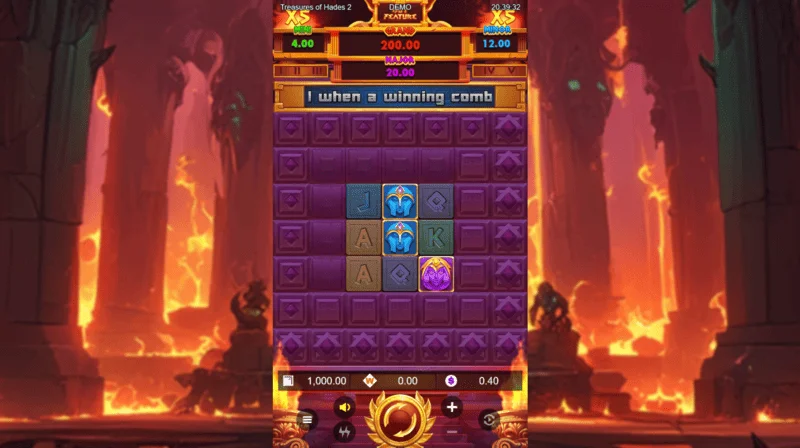 Treasures of Hades 2 — pagrindinis žaidimo ekranas su 3x3 būgnais ir 20 laimėjimo linijų iš Rectangle Games